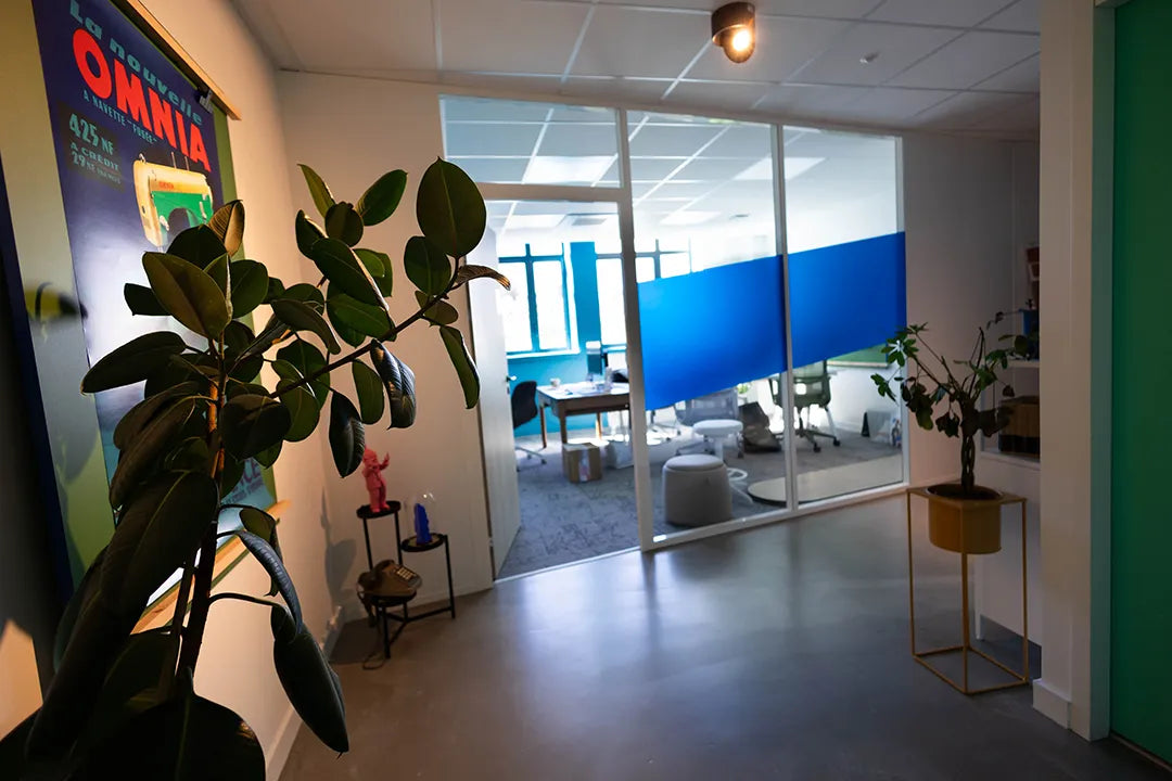 Entrée des bureaux WIDE Fauriel à Saint-Étienne avec espaces de travail vitrés, décoration végétale et affiche Manufrance