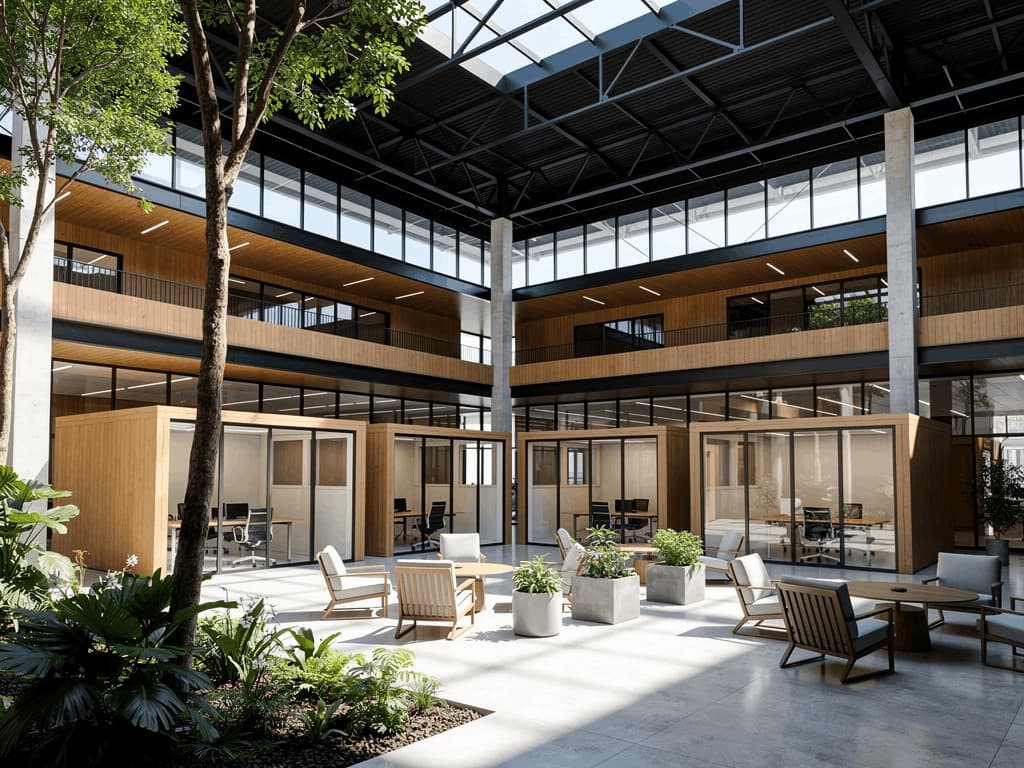 Espace de bureaux opérés WIDE avec bureaux privatifs vitrés, patio végétalisé central, espaces lounge et zones de travail partagées dans un campus professionnel moderne et lumineux.