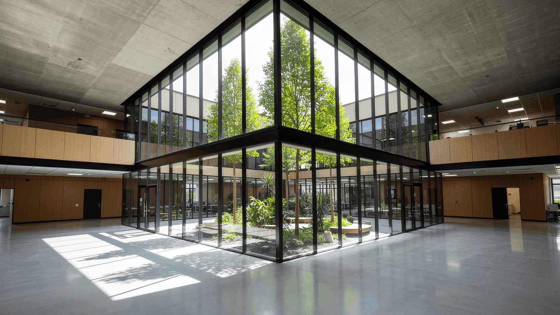 Un patio central entièrement vitré qui diffuse la lumière naturelle au cœur du bâtiment et crée un lien permanent avec la nature.