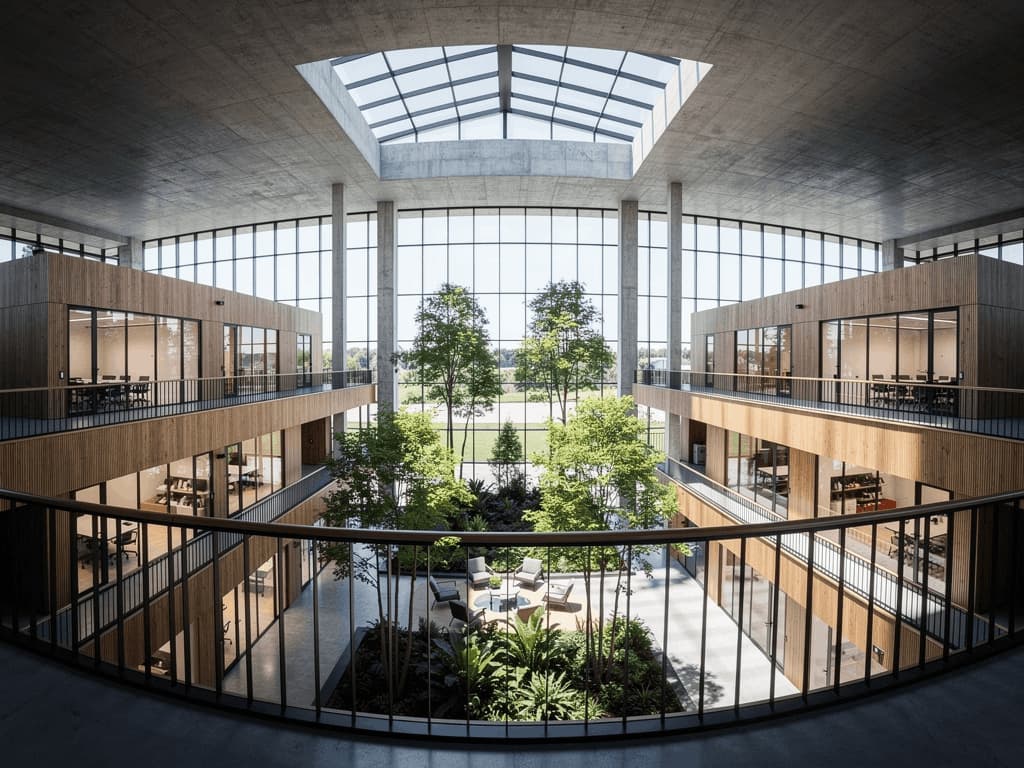 Patio central végétalisé baigné de lumière naturelle, véritable cœur de vie du campus et point de rencontre des entreprises résidentes.