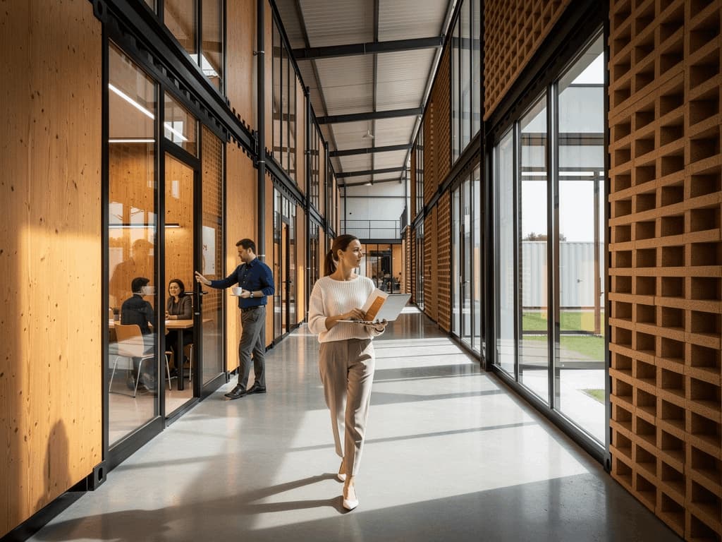 Couloir lumineux reliant des bureaux privatifs avec façades vitrées, espaces de circulation et environnement de travail haut de gamme.