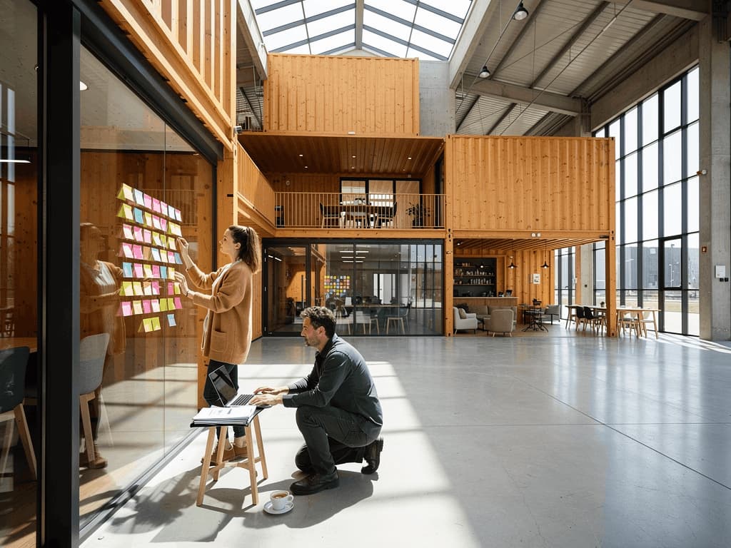 Atelier de co-création dans un campus de bureaux avec espaces collaboratifs, méthode agile et environnement propice à l'innovation.