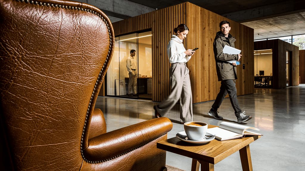 Espace de travail premium associant confort, bureaux fermés et lieux de détente pour professionnels.
