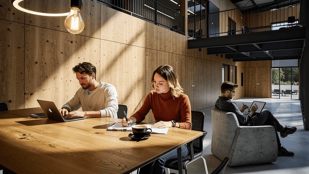 Zone collaborative au sein d'un immeuble de bureaux avec espaces mutualisés, mobilier en bois et ambiance de travail inspirante.
