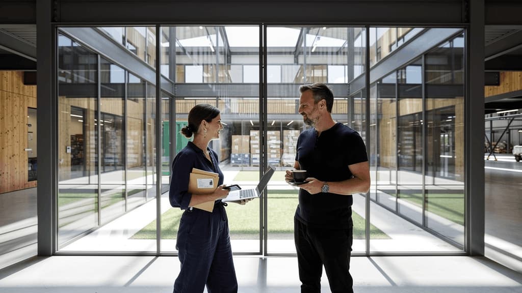 Professionnels échangeant dans un espace de bureaux moderne avec patio central, lumière naturelle et environnement favorisant les rencontres d'affaires.
