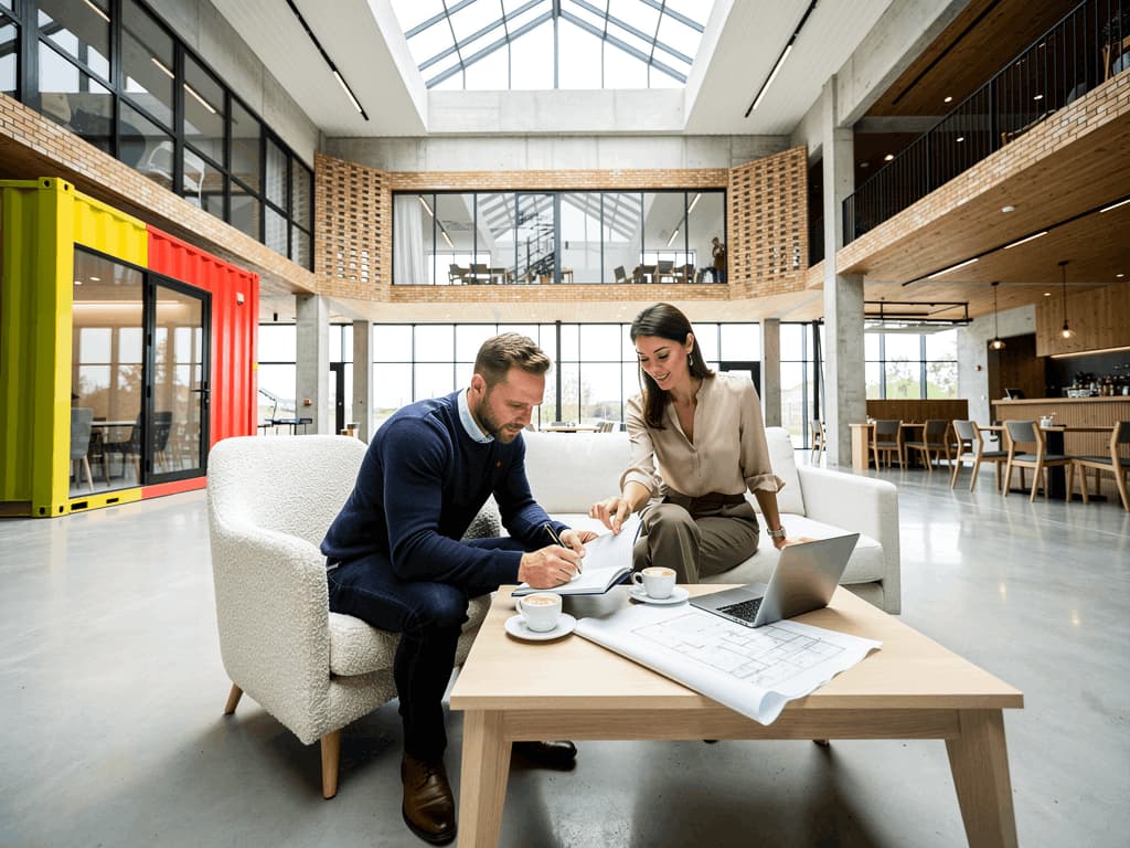 Professionnels échangeant dans un espace commun moderne conçu pour favoriser les rencontres et les synergies entre entreprises.