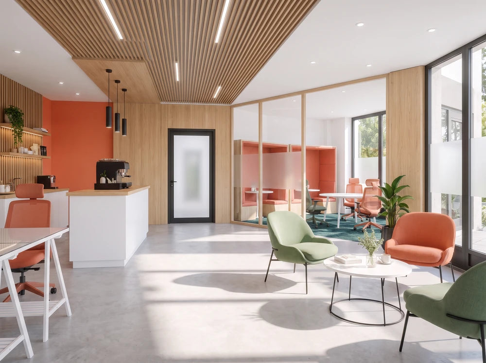Espace café et salon de WIDE Andrézieux-Bouthéon : îlot en bois, fauteuils vert sauge et corail, salle de réunion vitrée au fond, visuel de projet