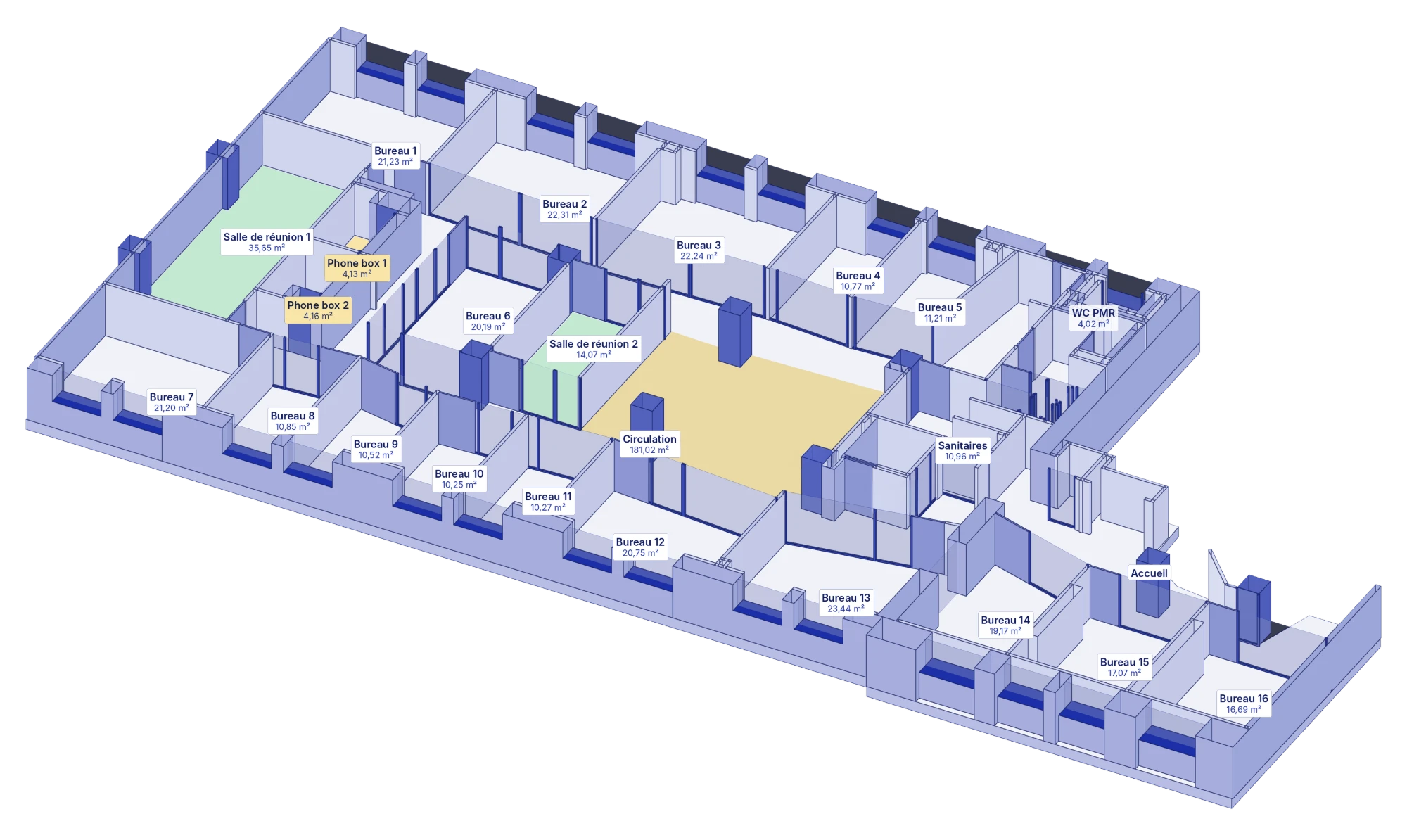 Plan isométrique des locaux de WIDE Fauriel : bureaux 1 à 16, deux salles de réunion, deux phone box, sanitaires, accueil et circulation centrale
