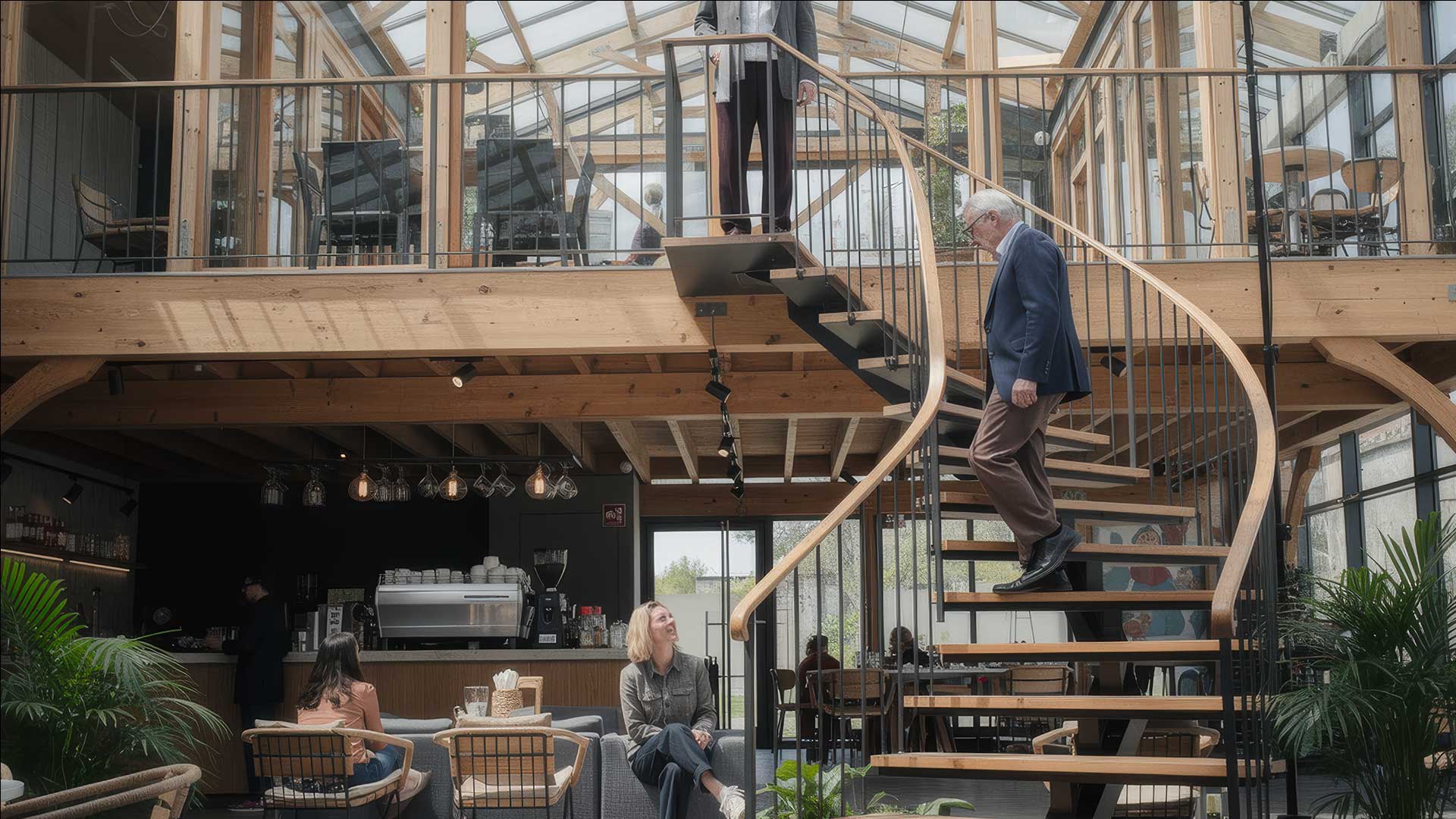 Espace de travail premium avec mezzanine, escalier design, lobby café et espaces collaboratifs lumineux dans un campus de bureaux opérés WIDE.