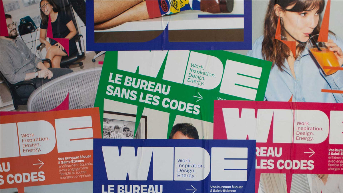 Collage graphique de la marque WIDE présentant ses espaces de bureaux opérés, son identité visuelle colorée et sa promesse : « Le bureau sans les codes ».