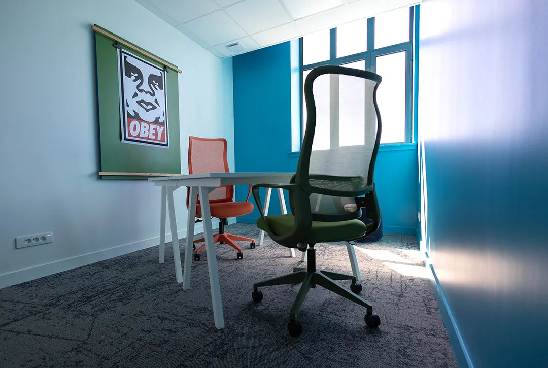 Bureau privatif 2 personnes lumineux WIDE Fauriel à Saint-Étienne avec fauteuils ergonomiques et décoration murale
