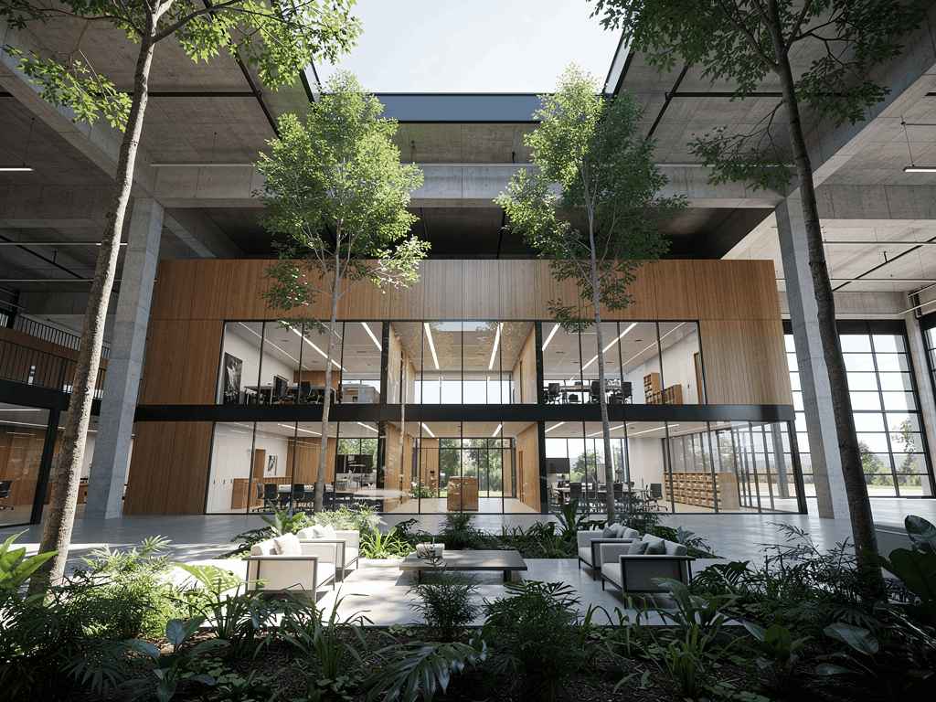 Un cœur de campus végétalisé où l’architecture, la lumière et la nature créent un cadre de travail apaisant et inspirant.