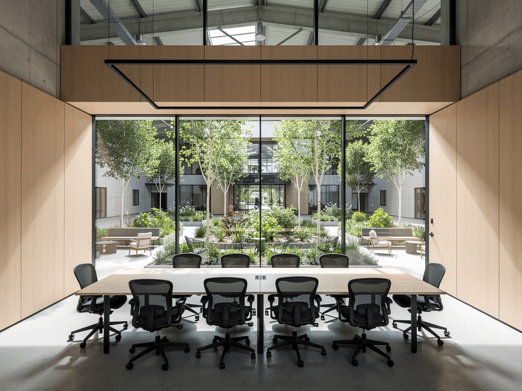 Salle de réunion premium ouverte sur un jardin intérieur, conçue pour favoriser la concentration, les échanges et la créativité.