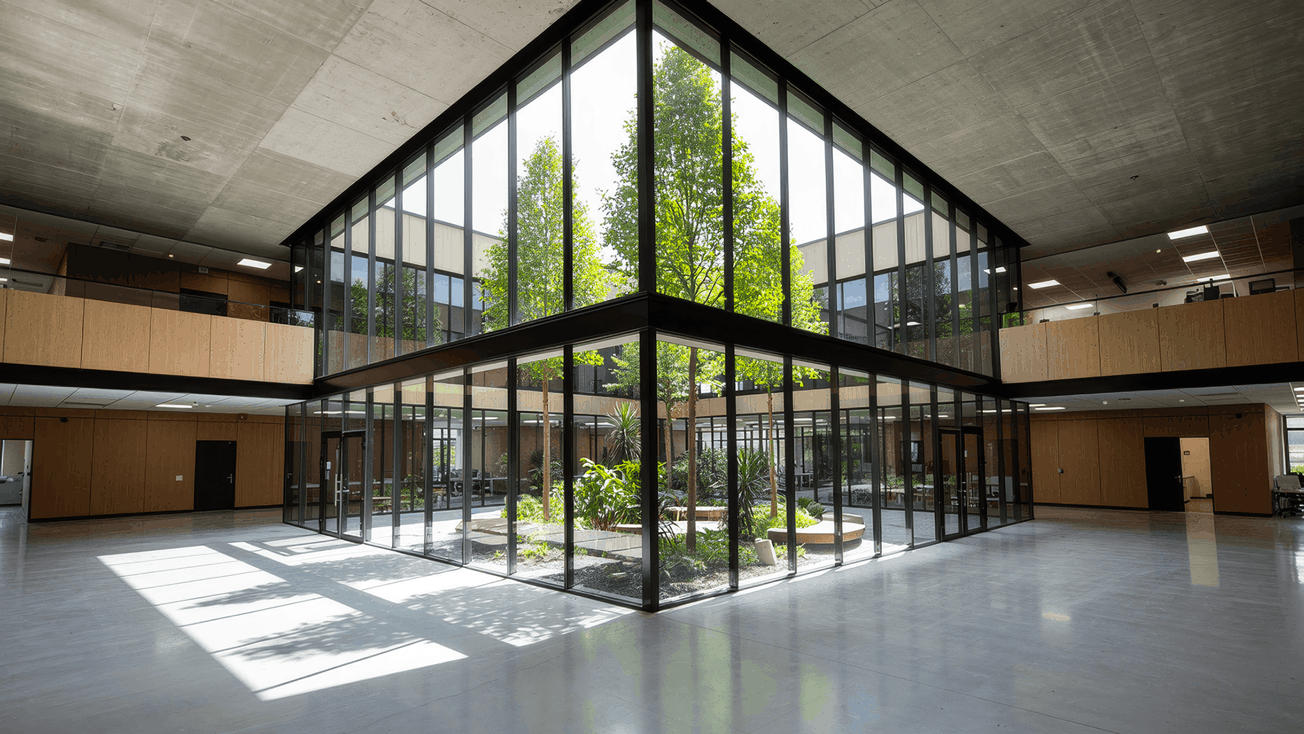 Un patio central entièrement vitré qui diffuse la lumière naturelle au cœur du bâtiment et crée un lien permanent avec la nature.