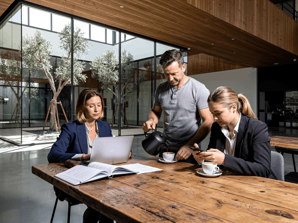 Espace de travail partagé favorisant les échanges informels, la convivialité et la collaboration au cœur du campus.