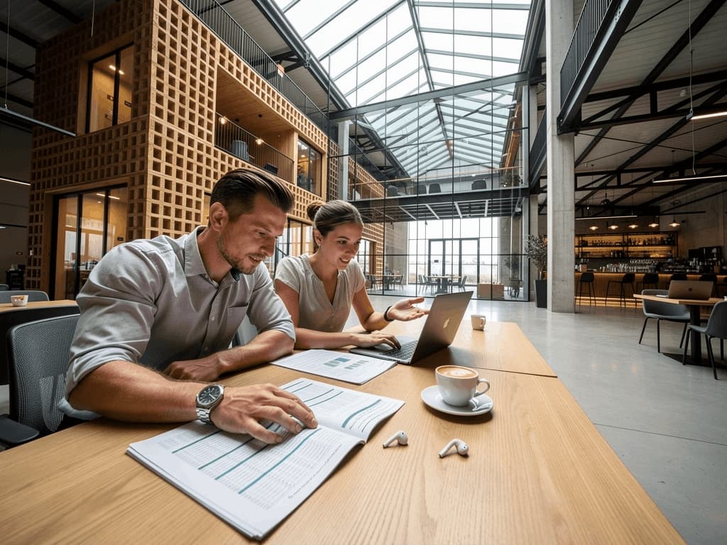 Espace de travail collaboratif au sein d'un campus de bureaux avec zones partagées, café et environnement professionnel moderne.