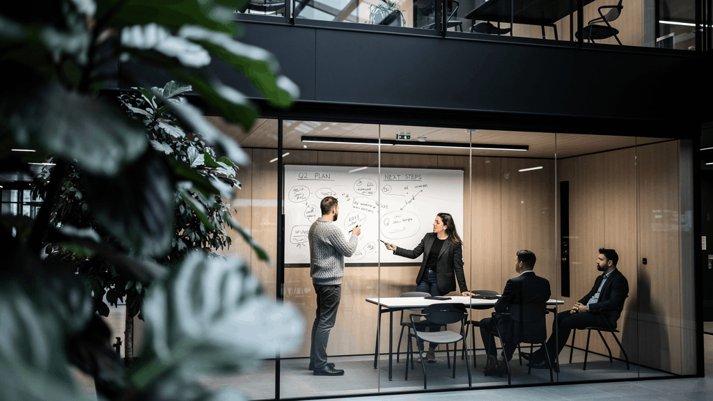 Réunion stratégique dans une salle de réunion vitrée au sein d'un campus de bureaux favorisant la collaboration et la prise de décision.