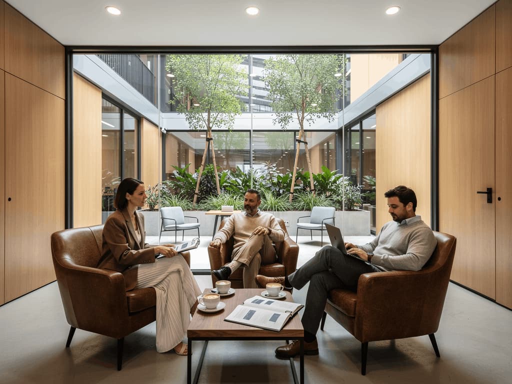 Salon d'affaires au sein d'un immeuble de bureaux avec espace détente, mobilier confortable et environnement professionnel premium.