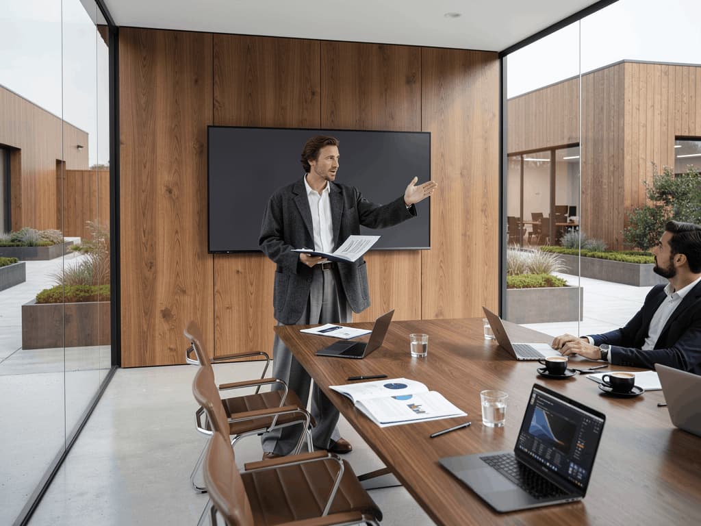 Salle de réunion privative avec équipements de visioconférence, grande capacité d'accueil et cadre de travail confortable.
