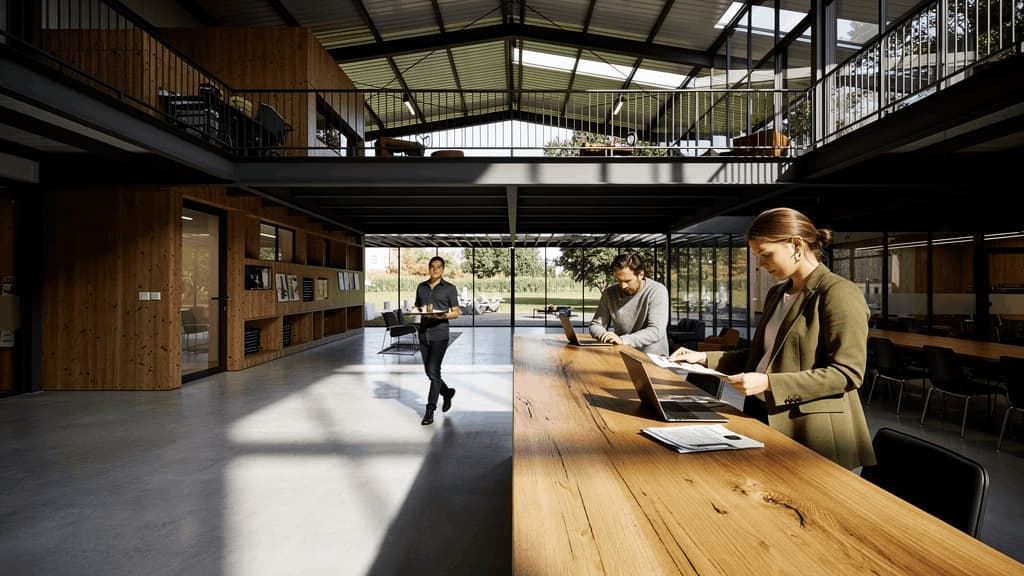 Atrium professionnel avec espaces de travail ouverts, bureaux mutualisés et cadre de travail lumineux pour entreprises.