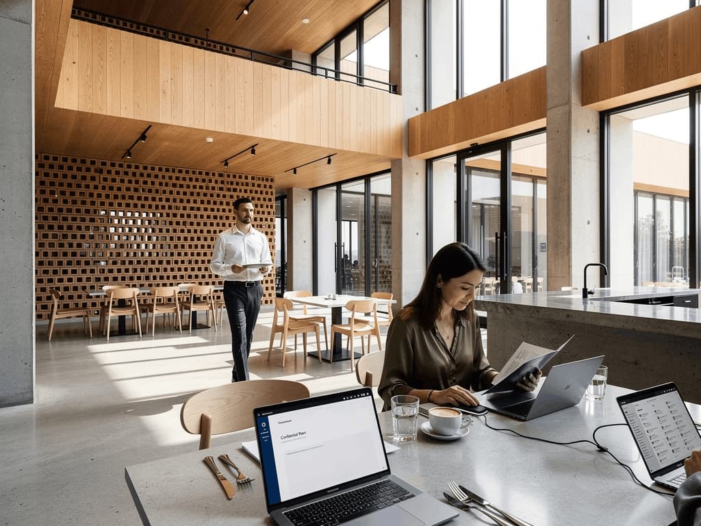 Espace de vie professionnel avec cuisine équipée, zones de travail partagées et environnement lumineux favorisant les échanges.
