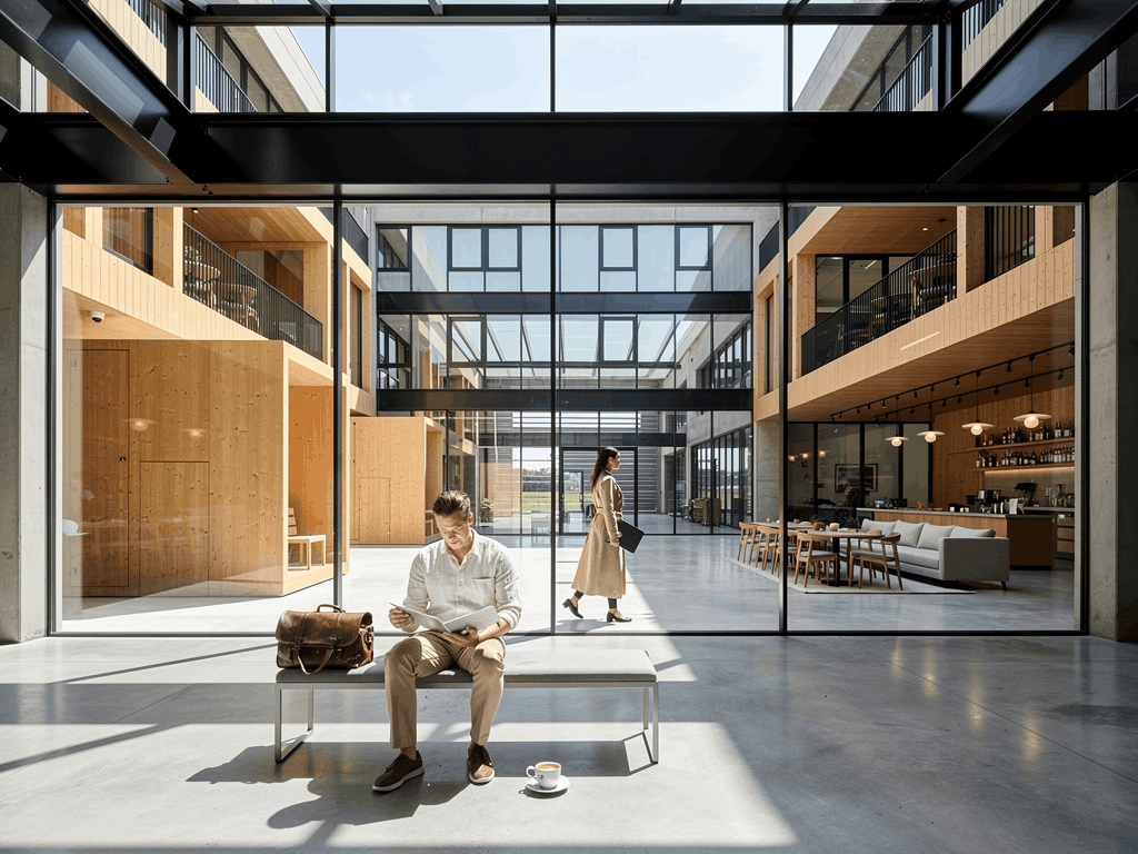 Hall central lumineux avec espaces de travail, zones de détente et services partagés dans un immeuble de bureaux nouvelle génération.