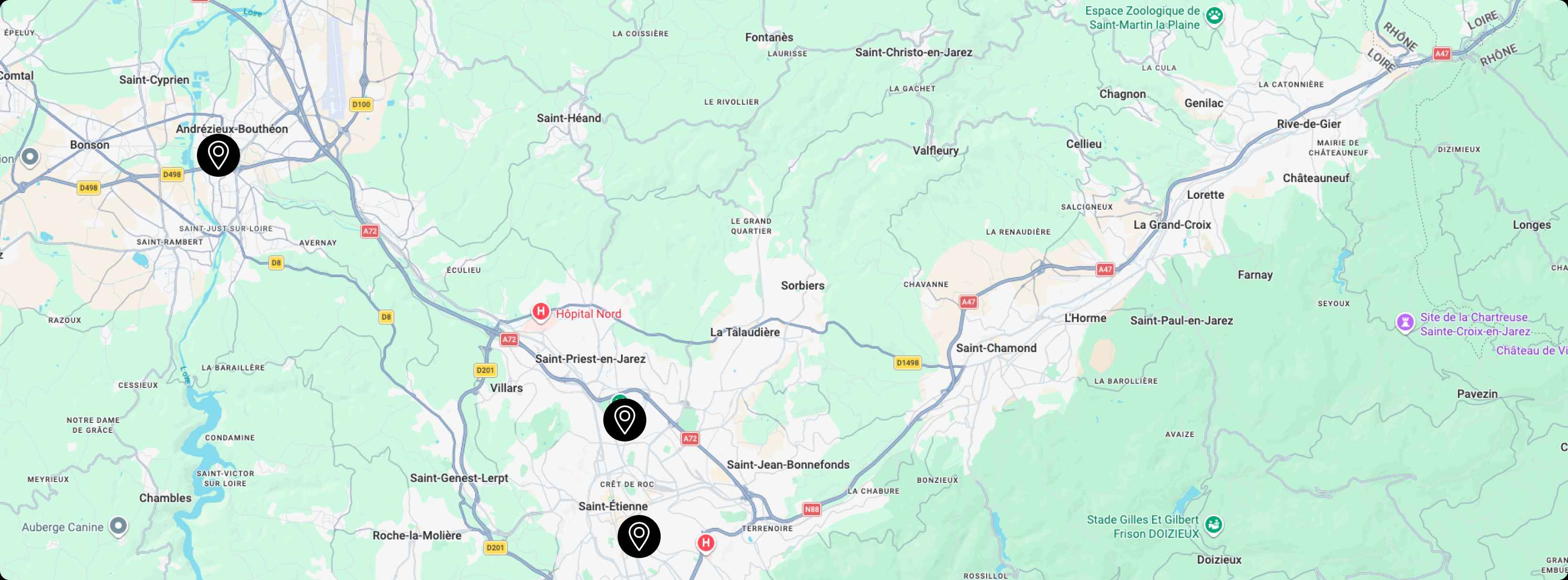 Carte des campus WIDE et espaces de bureaux professionnels dans la Loire