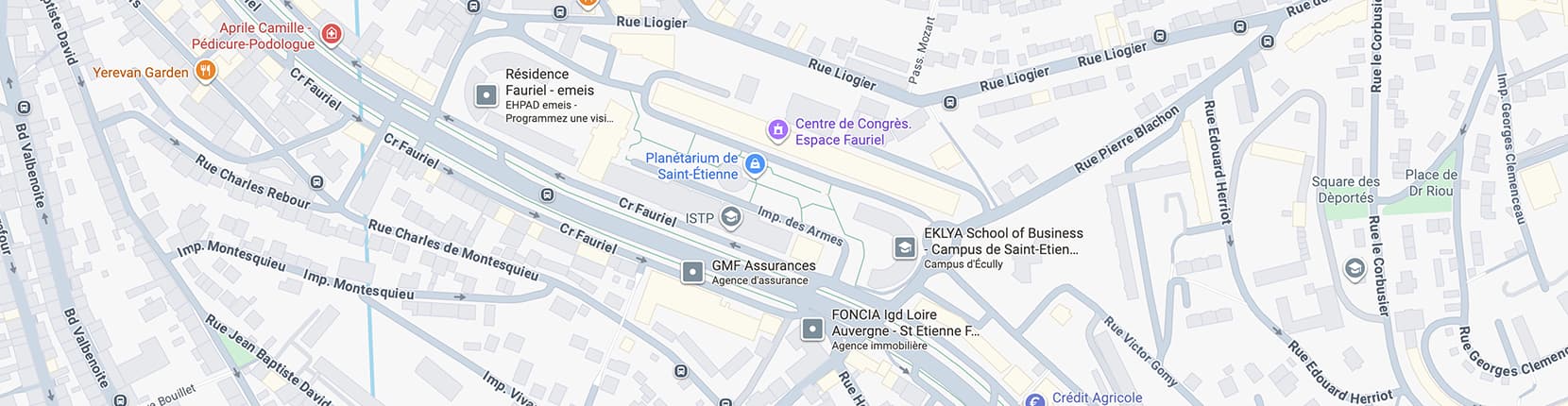 Localisation du campus WIDE et espaces de travail professionnels à Fauriel