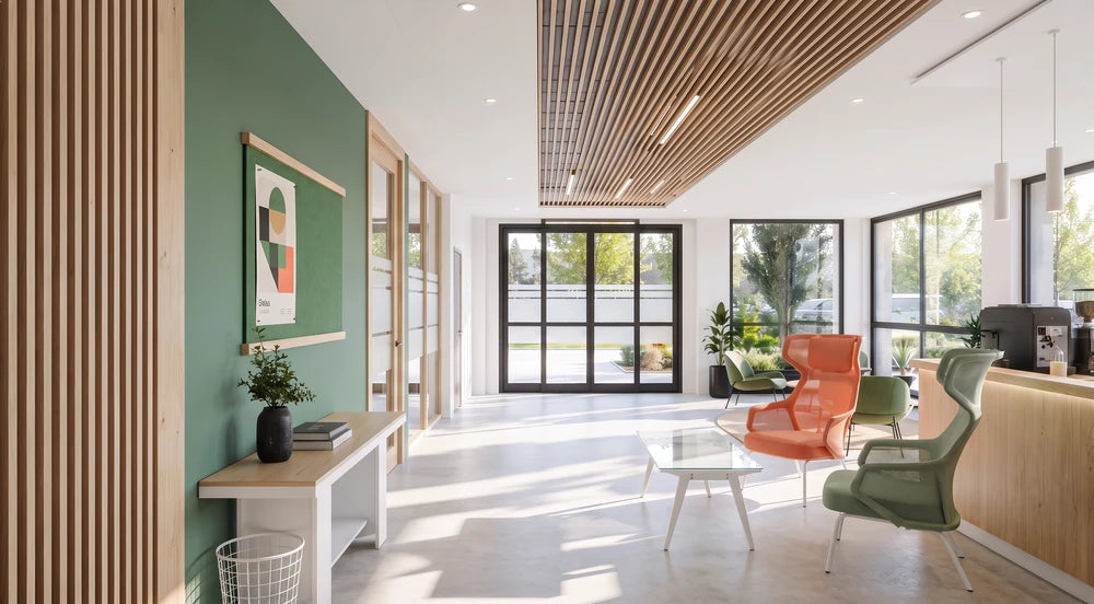 Hall de WIDE Andrézieux-Bouthéon : mur vert, plafond à lattes de bois, fauteuils et bar à café devant les grandes baies vitrées, visuel de projet