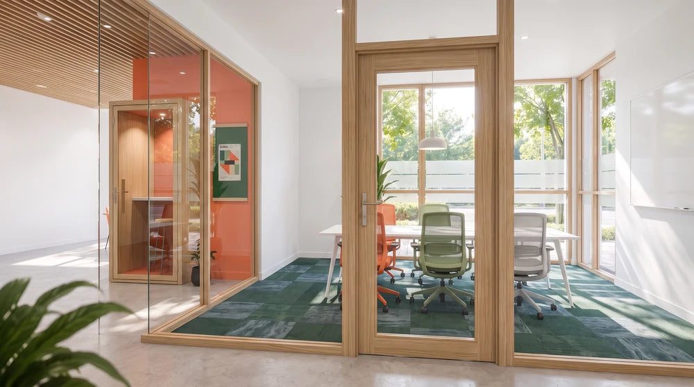 Salle de réunion vitrée aux montants en bois, table blanche et sièges vert et corail, avec une phone box en bois, WIDE Andrézieux-Bouthéon, visuel de projet
