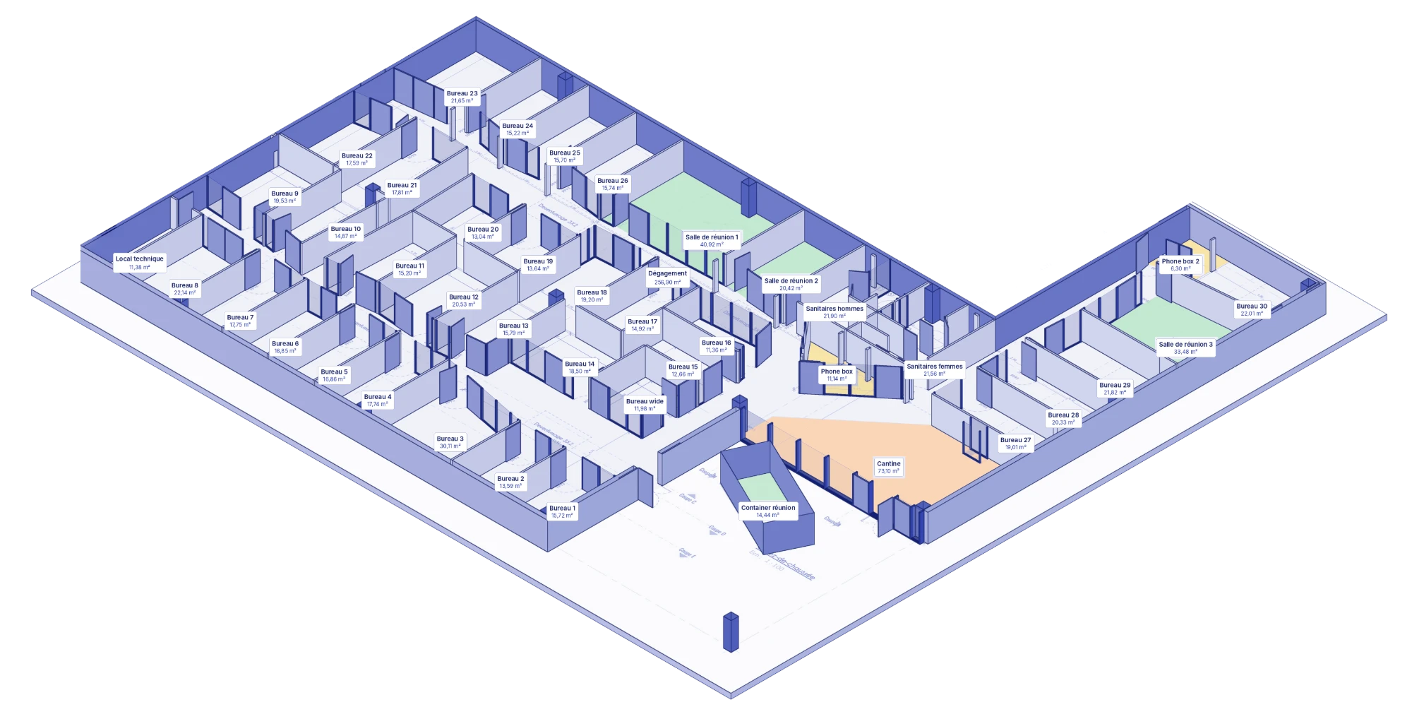 Plan isométrique des locaux de WIDE Andrézieux-Bouthéon : bureaux, salles de réunion, phone box, sanitaires, cantine et container de réunion