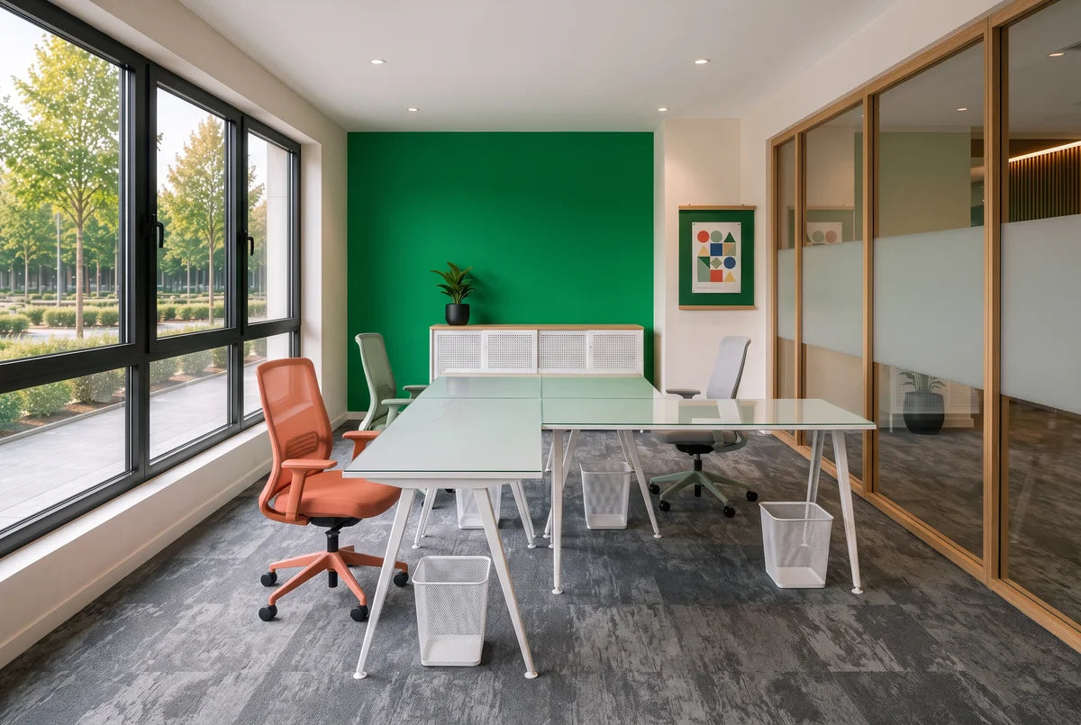 Bureau privatif au mur vert, plateaux en verre et sièges corail le long des fenêtres, WIDE Andrézieux-Bouthéon, visuel de projet