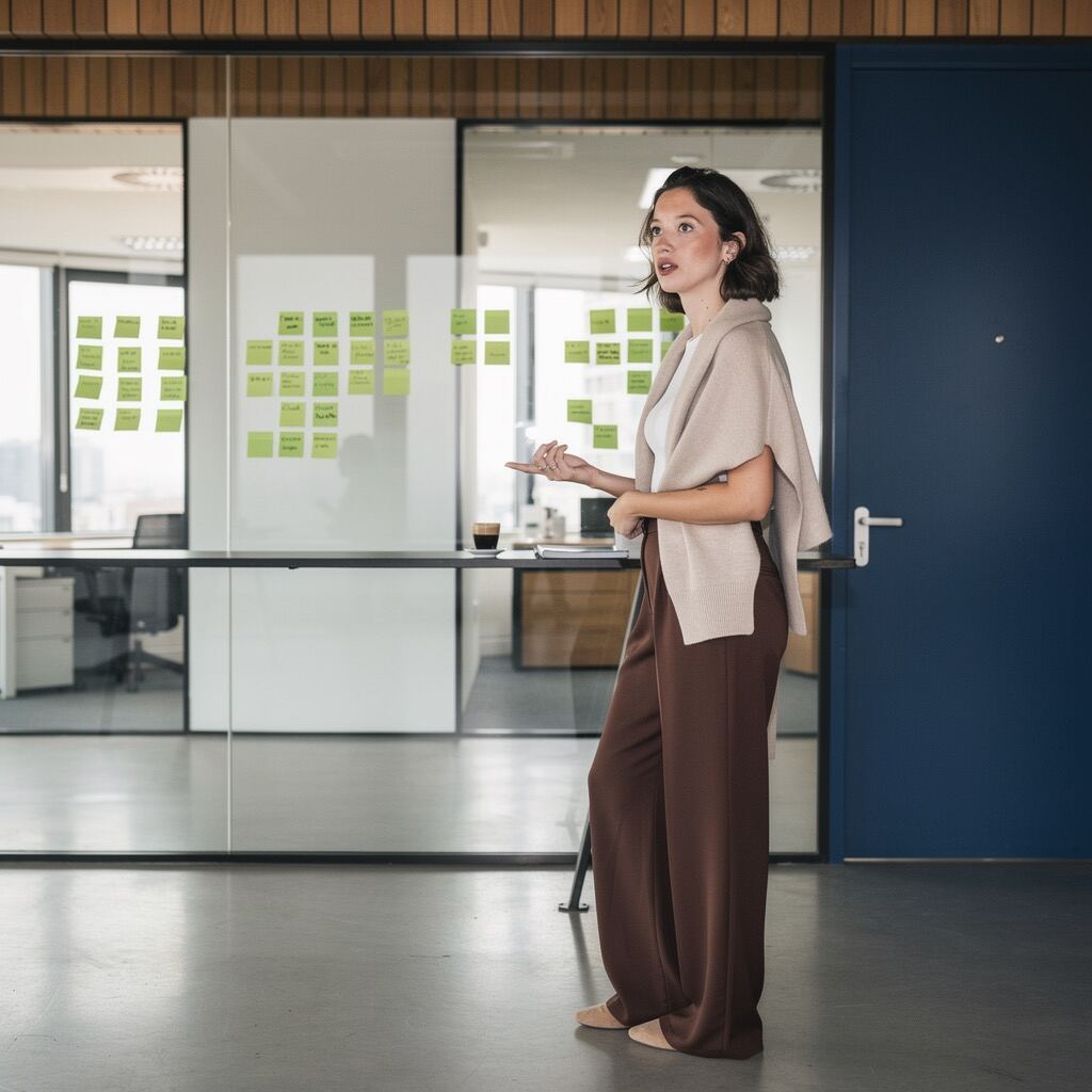 Une femme debout devant une cloison vitrée couverte de notes adhésives vertes, dans un espace de bureau